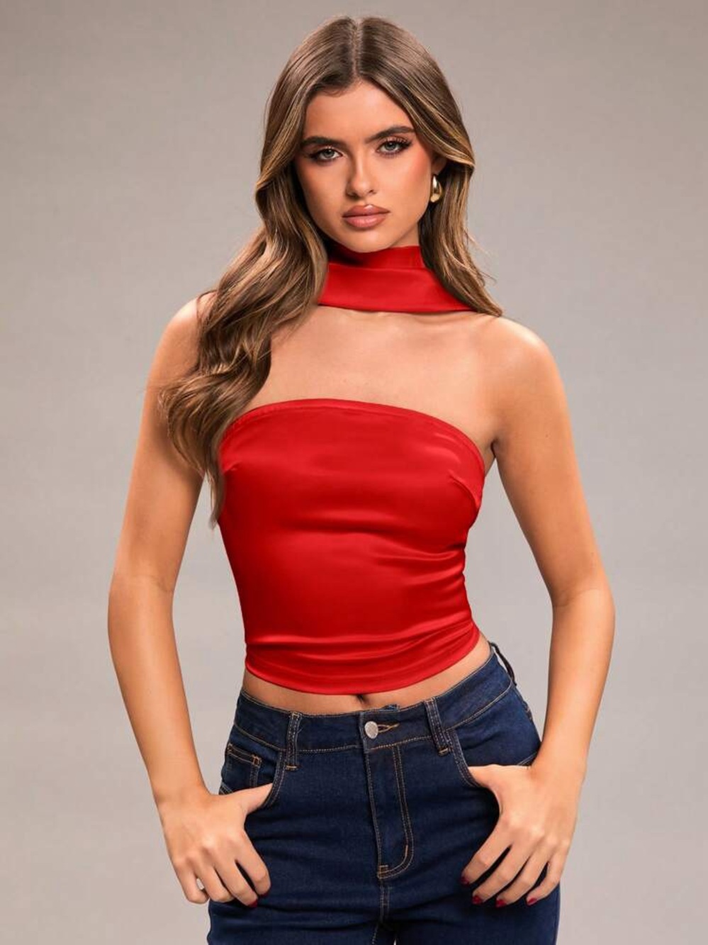 SHEIN Red Halter Neck Crop Top